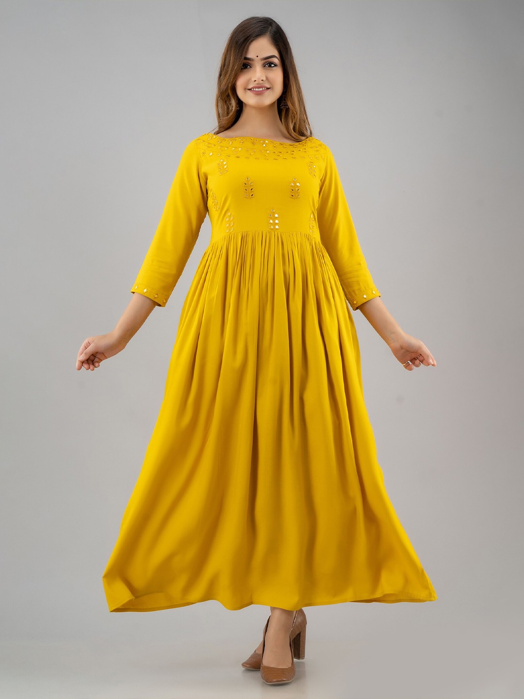 

GULMOHAR JAIPUR Yellow Floral Embroidered Ethnic Maxi Dress