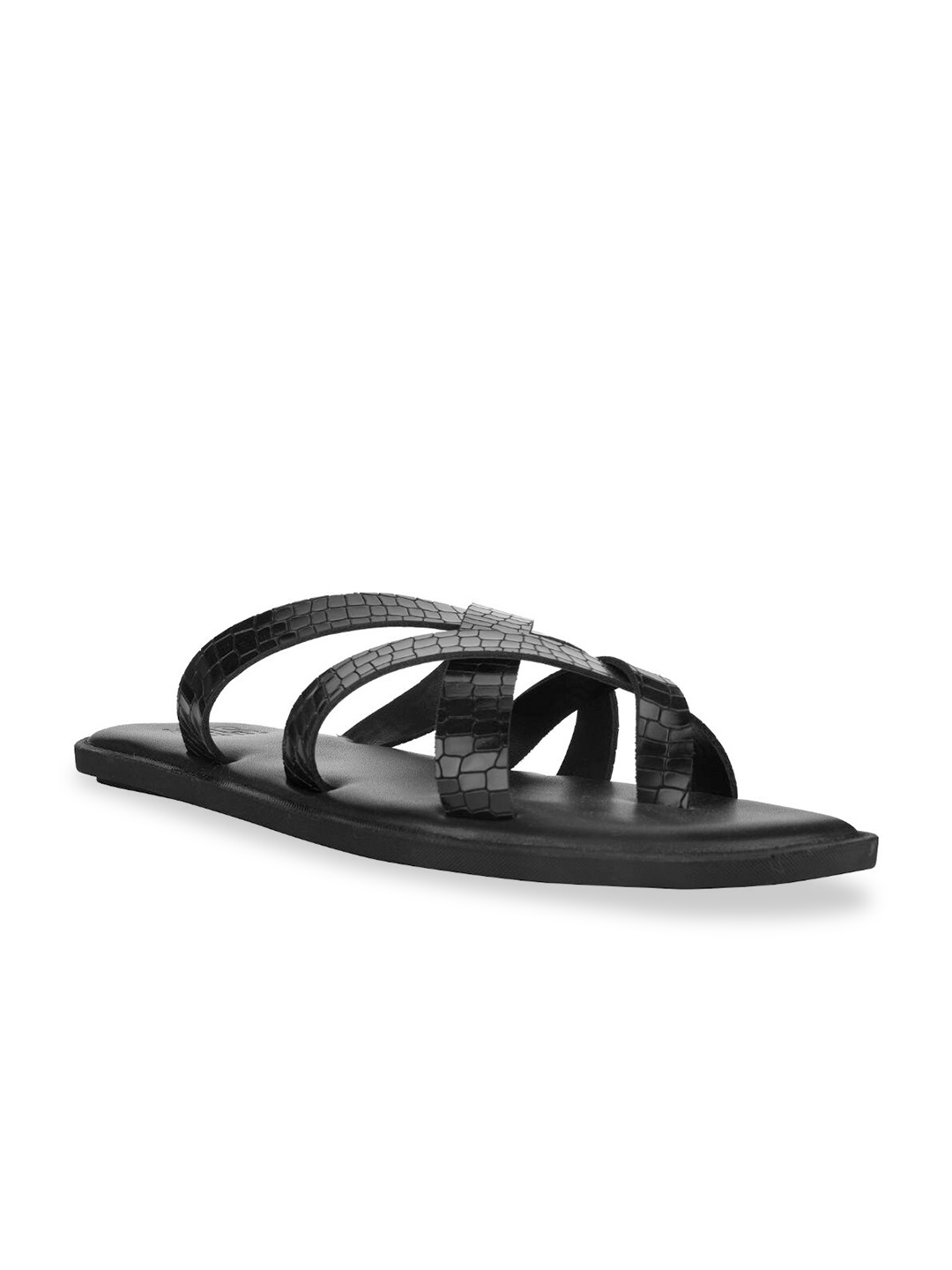 

SKO Men Black Textured Leather Comfort Sandals