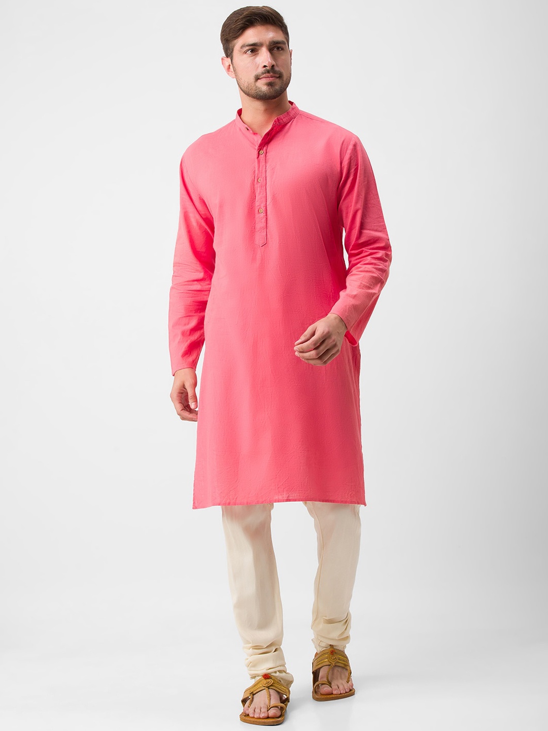 

Globus Men Coral & White Solid Cotton Kurta