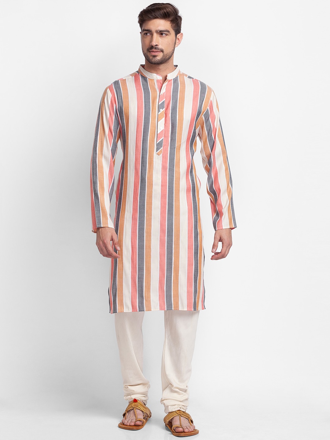 

Globus Men Pink & White Striped Pure Cotton Straight Kurta