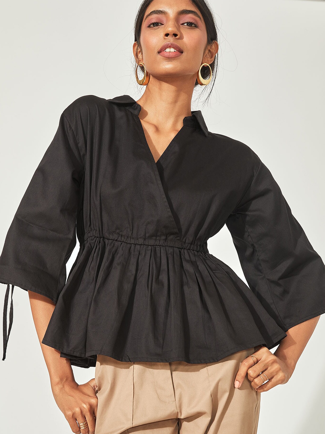 

The Label Life Black Overlap Peplum Tie Top