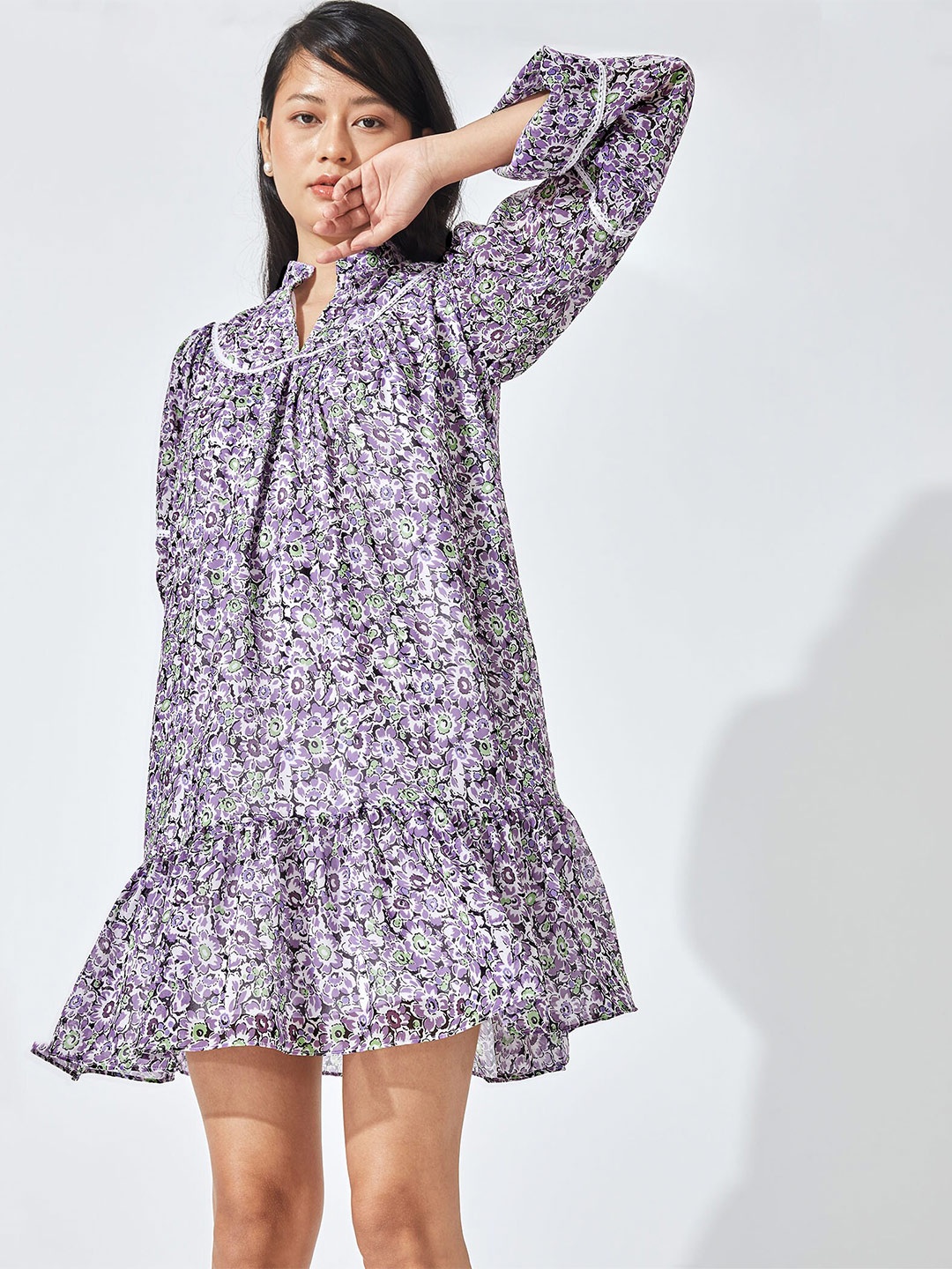 

The Label Life Purple & Green Ditsy Floral Georgette Drop-Waist Dress