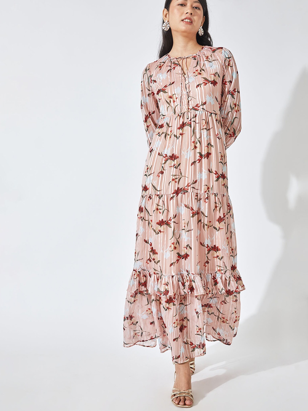 

The Label Life Pink & Red Floral Tie-Up Neck Tiered Chiffon Maxi Dress
