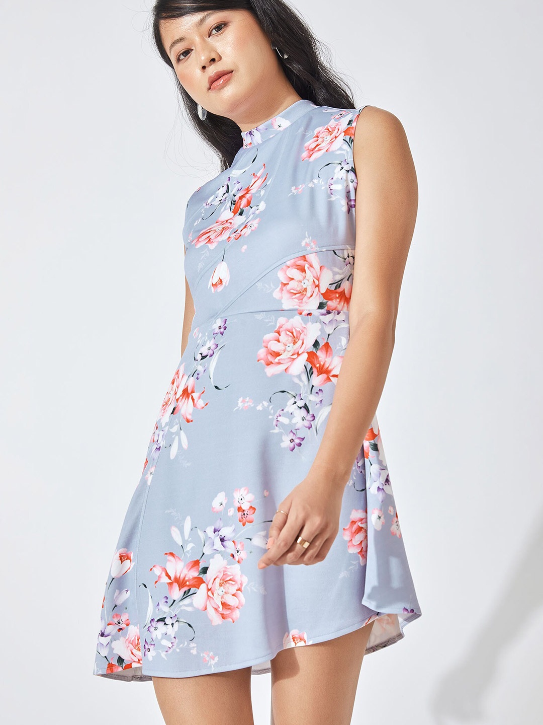 

The Label Life Lavender & Red Floral High Neck Scuba Dress