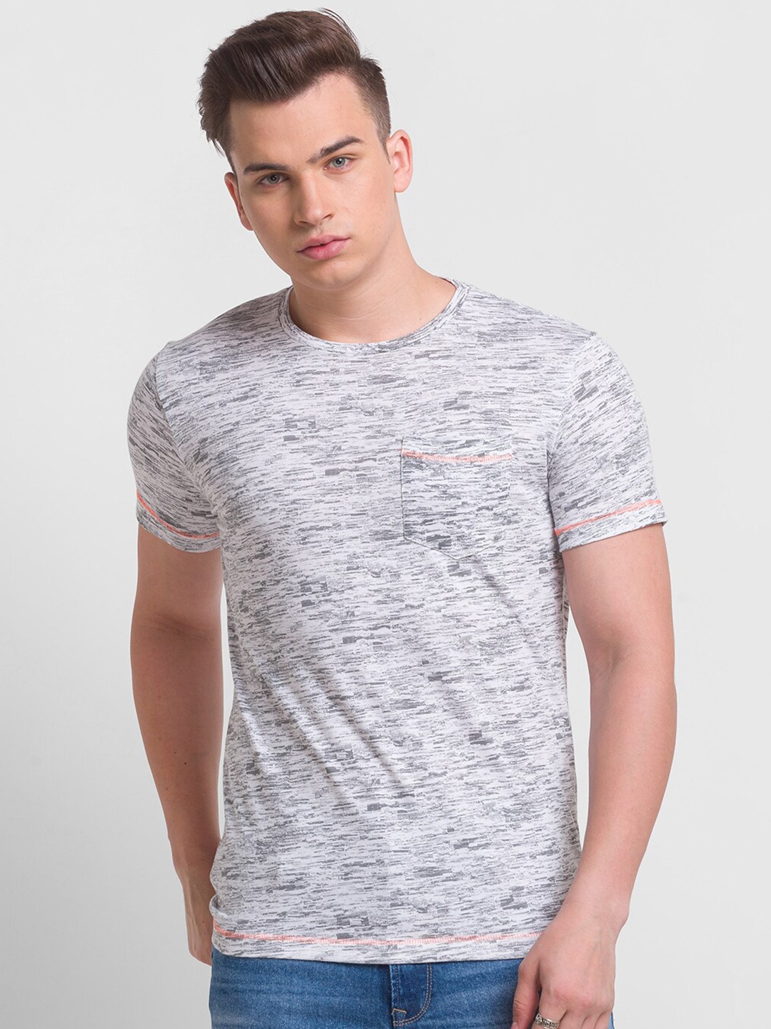 

Globus Men White & Grey Slim Fit Printed Cotton T-shirt