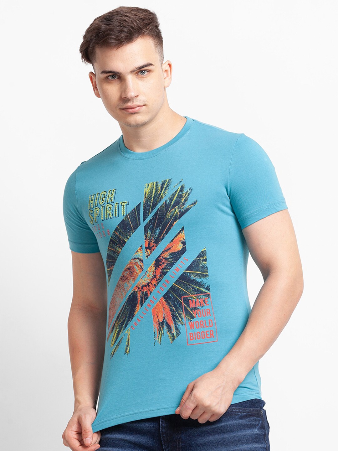 

Globus Men Blue Printed Slim Fit Cotton T-shirt