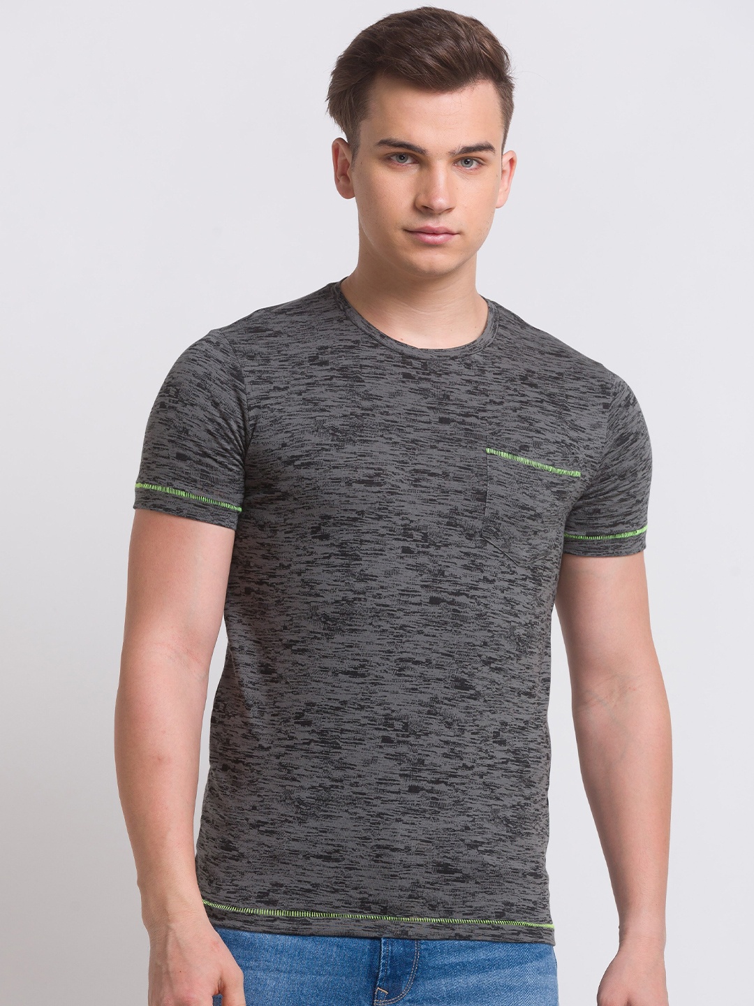 

Globus Men Grey Self Design Slim Fit Cotton T-shirt