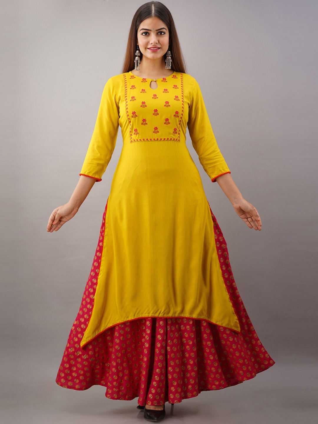 

GULMOHAR JAIPUR Women Mustard Yellow Ethnic Motifs Embroidered Thread Work Kurta