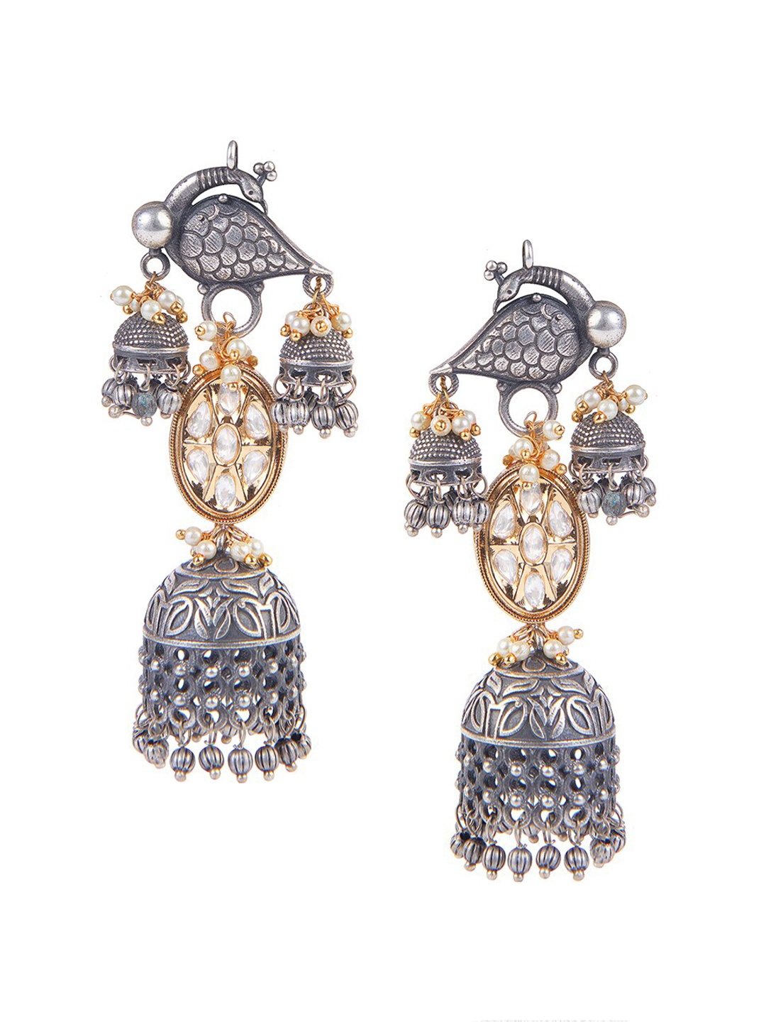 

CURIO COTTAGE Gold-Toned Oxidised & Khundan Peacock Sleek Jhumkas Earrings