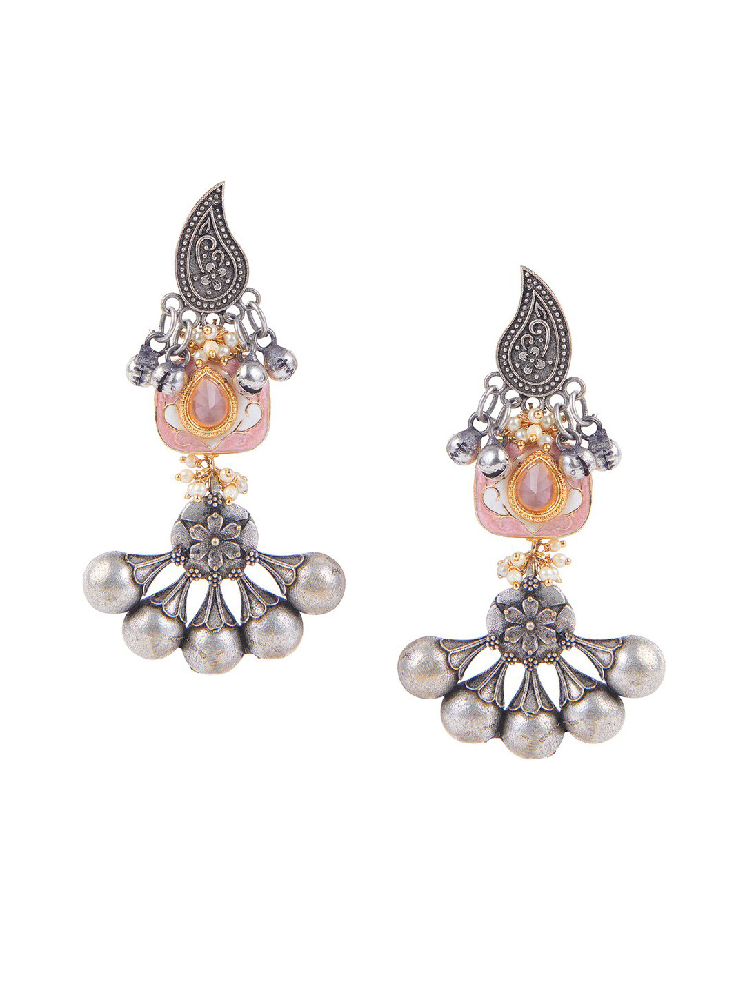 

CURIO COTTAGE Pink Enameled Oxidised Dangler Drop Earrings