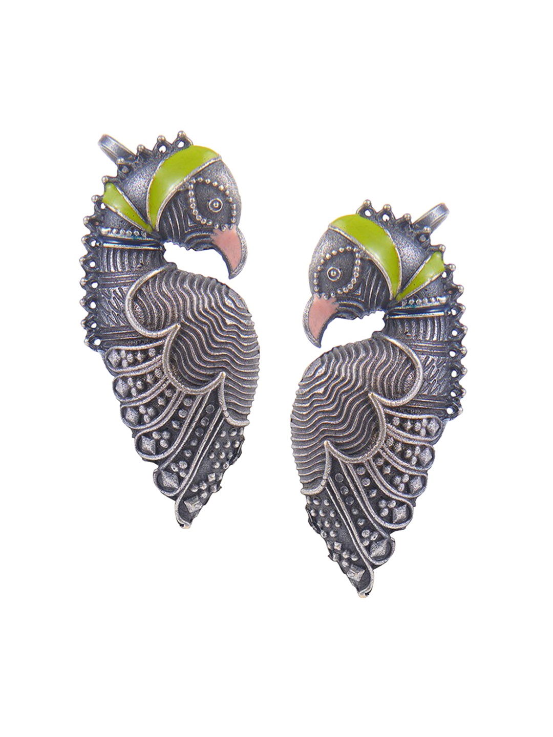 

CURIO COTTAGE Silver-Toned & Green Parrot Shaped Studs Earrings