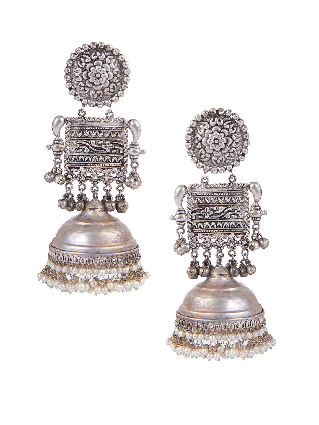

CURIO COTTAGE Silver-Toned Oxidised Pearl Embellished Jhumkas Earrings