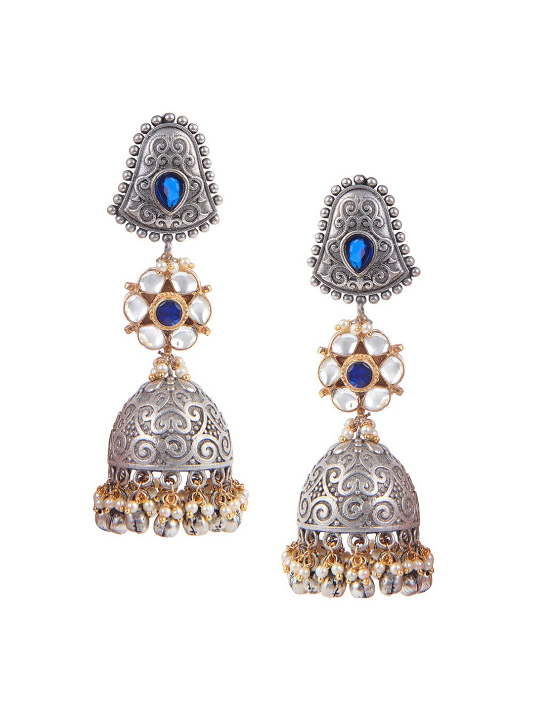 

CURIO COTTAGE Oxidised Blue Stone & Polki Studded Jhumkas Earrings