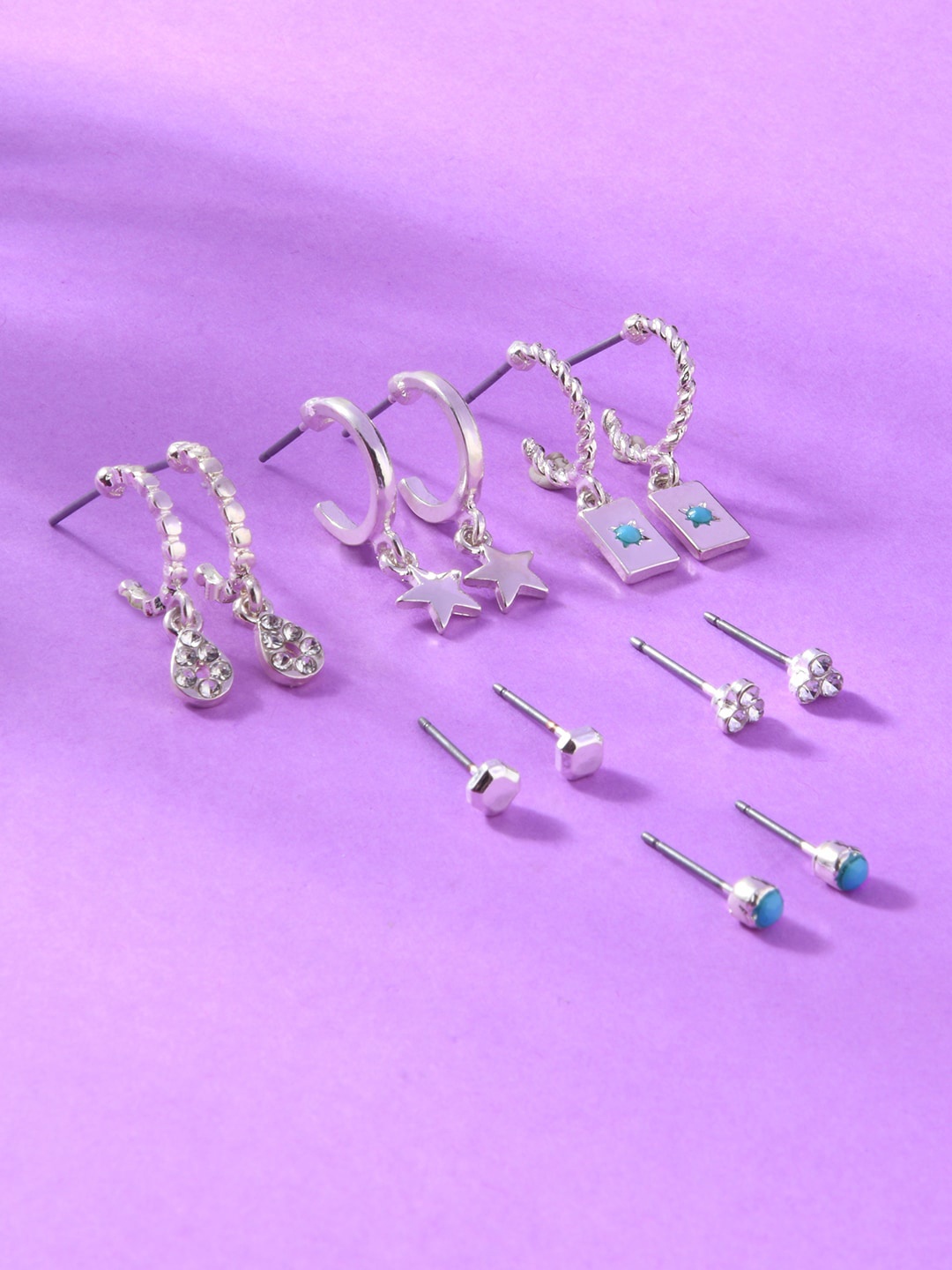 

Accessorize London Women Set of 6 Super Classics Silver & Turquoise Hoop & Stud Earrings, Blue