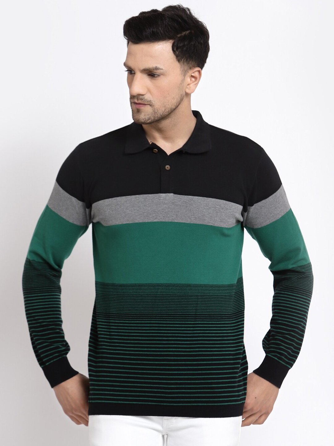 

Kalt Men Black & Green Colourblocked Polo Collar T-shirt