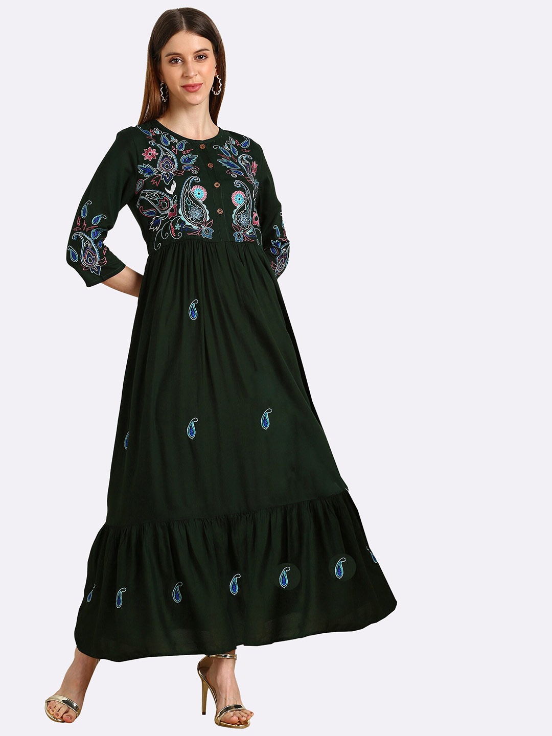 

shashvi Olive Green Ethnic Motifs Embroidered Thread Work Thread Work Anarkali Kurti