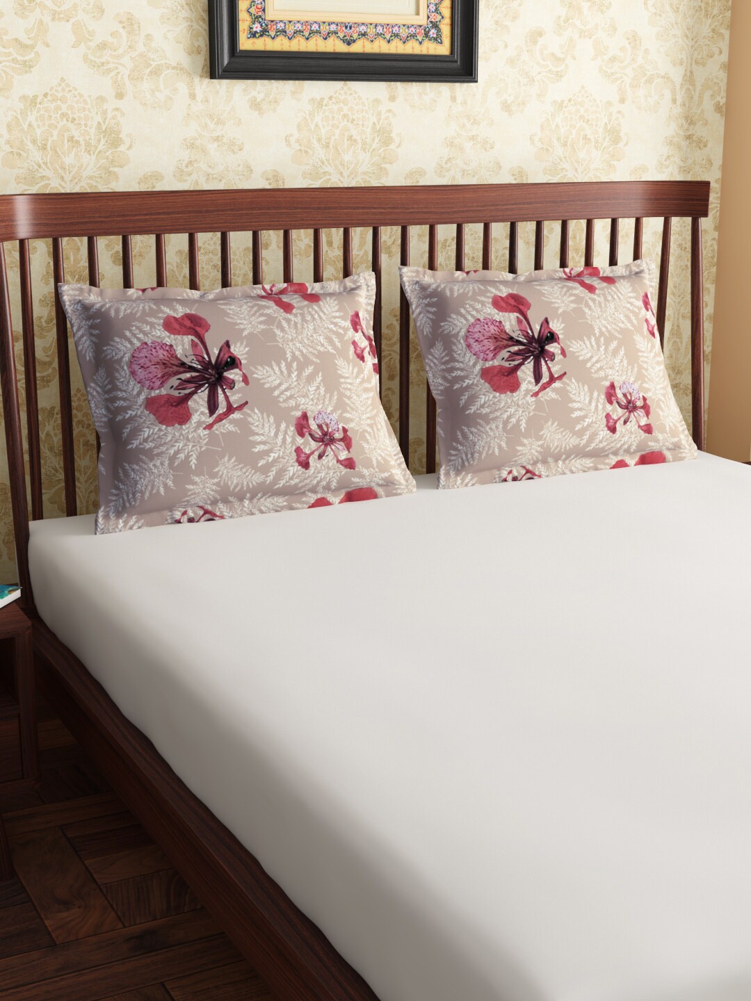 

PETAL HOME Set Of 2 Beige & Pink Printed Poinciana Pure Premium Combed Cotton Pillow Covers