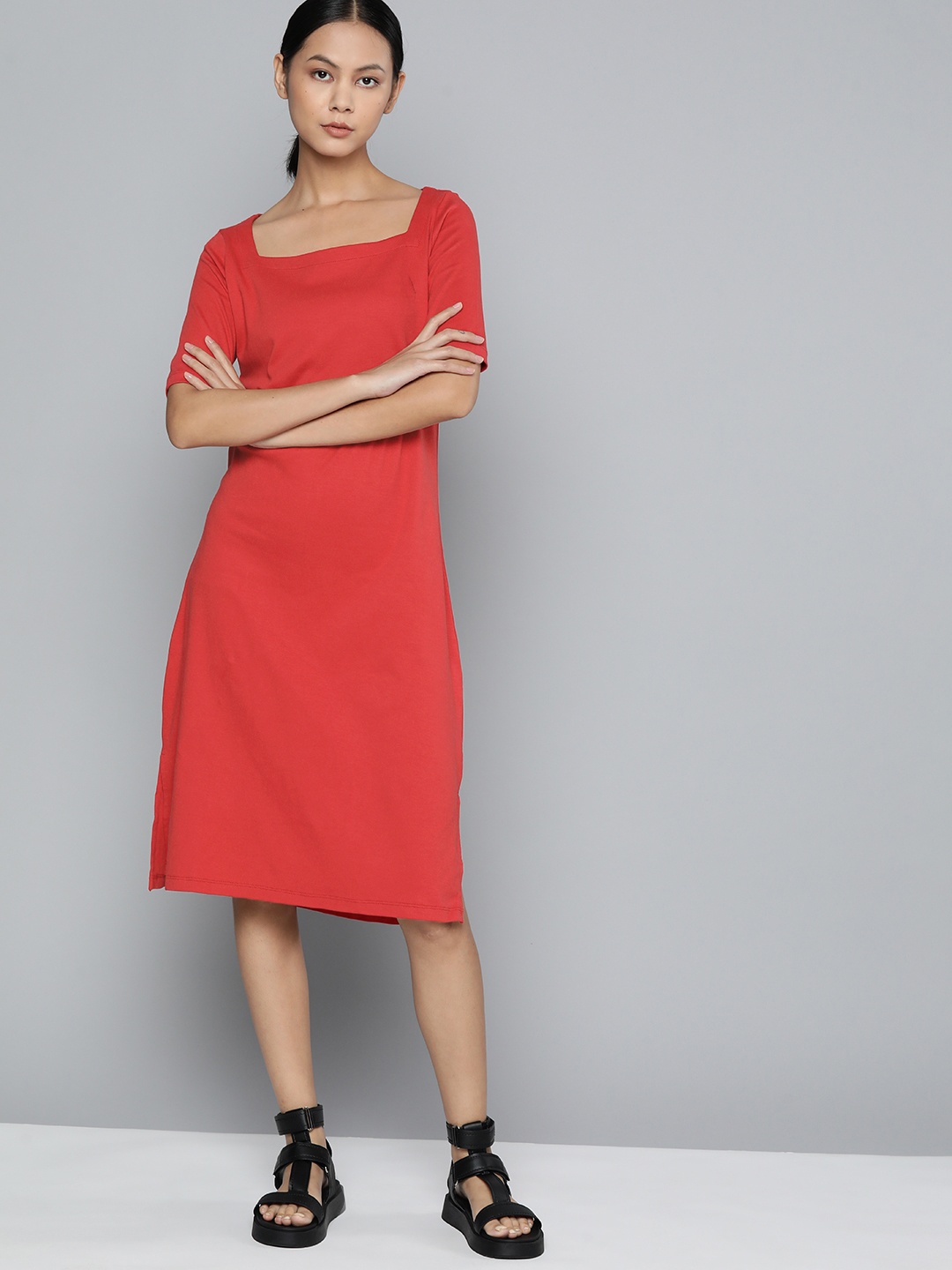 

ether Red Pure Cotton Solid A-Line Dress