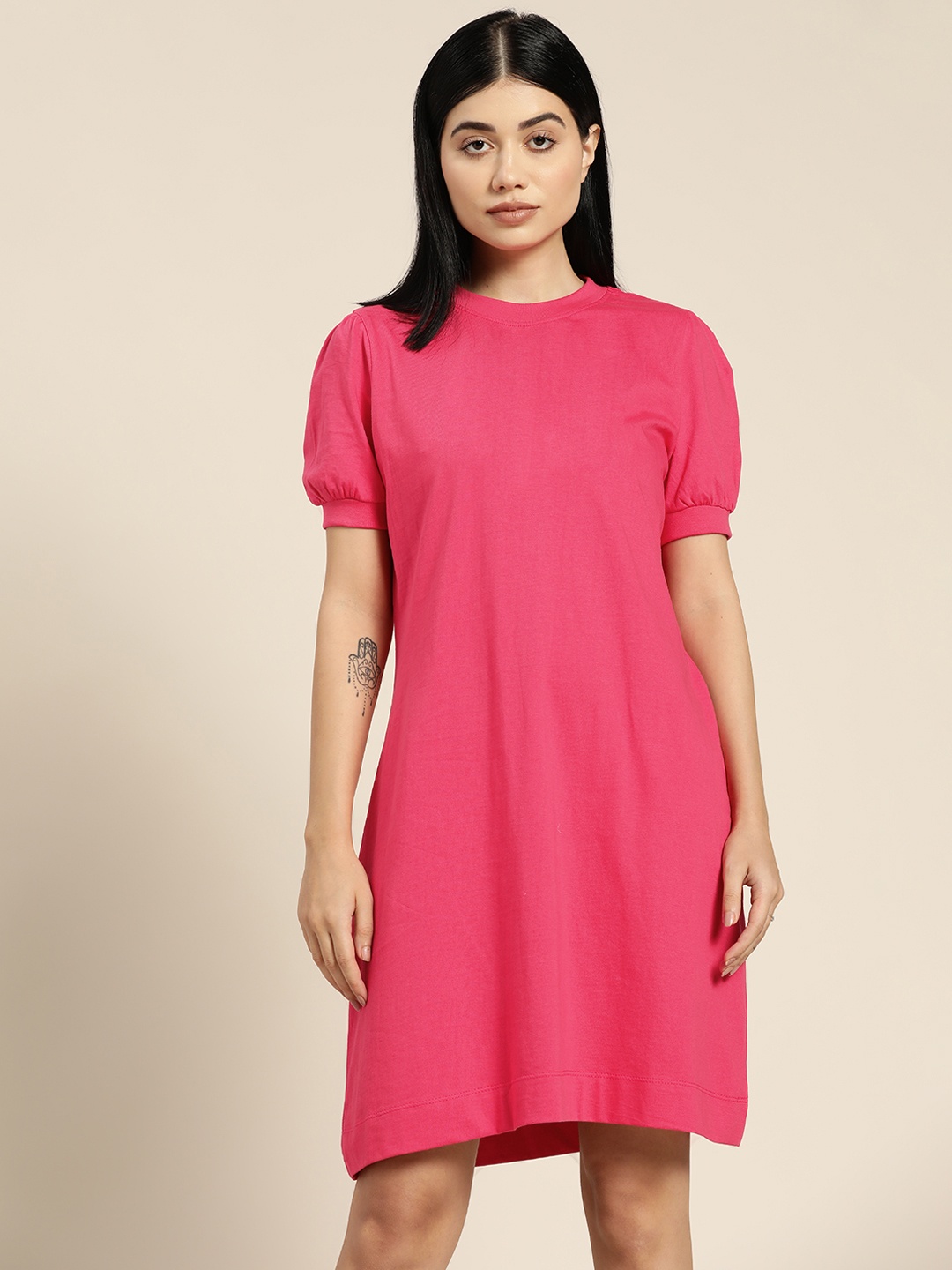 

ether Pink Solid Pure Cotton T-shirt Dress