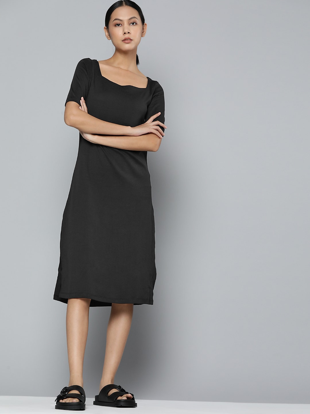 

ether Black Pure Cotton Solid A-Line Dress