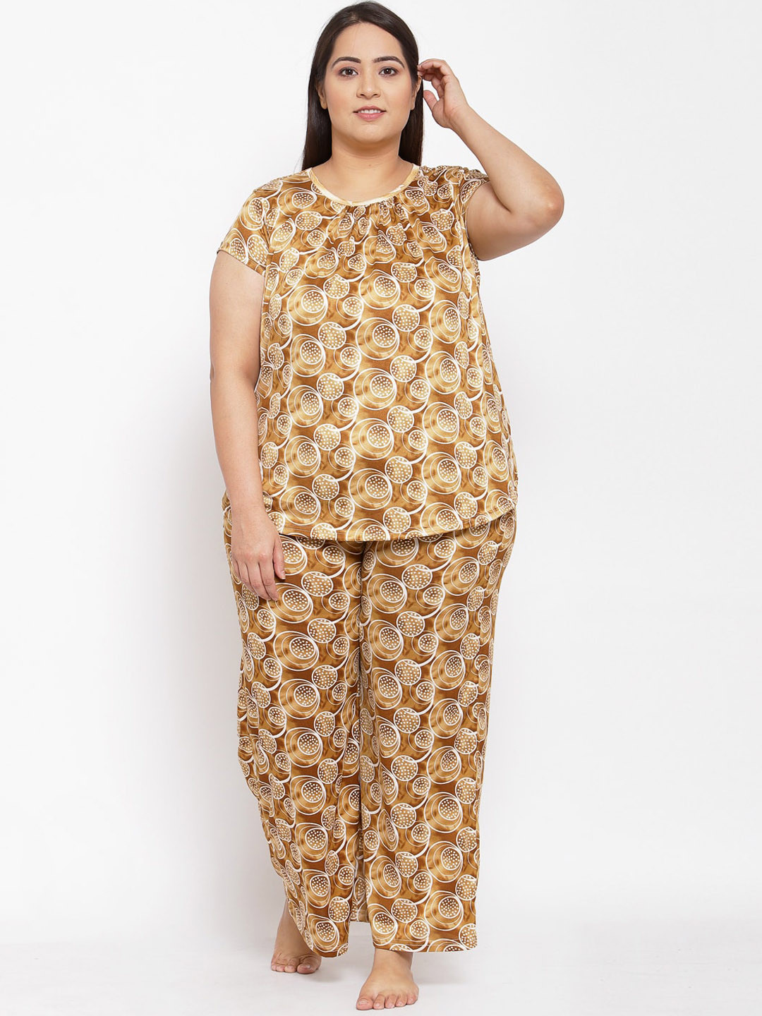 

KLOTTHE Women Plus Size Mustard & Brown Printed Night Suit