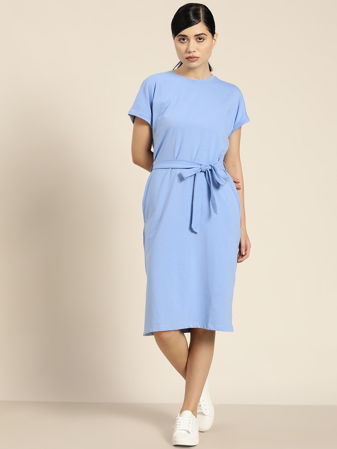 

ether Blue Solid Knitted T-Shirt Dress with Belt
