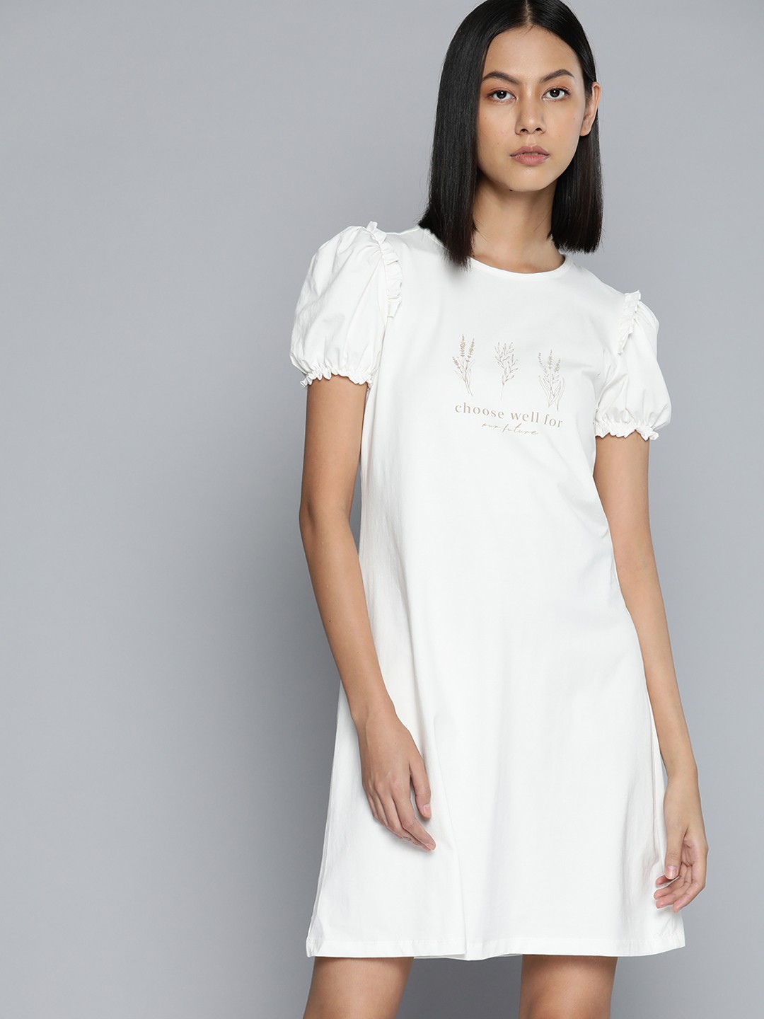 

ether Off White & Brown Printed A-Line Mini Dress