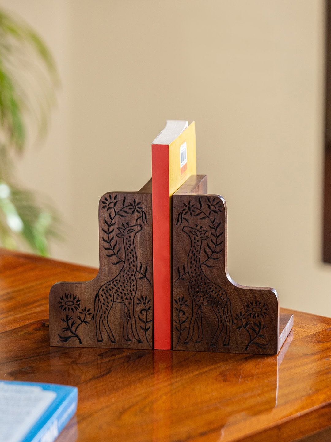 

ExclusiveLane Set Of 2 Brown Hand-Carved Wooden Book Ends Organisers