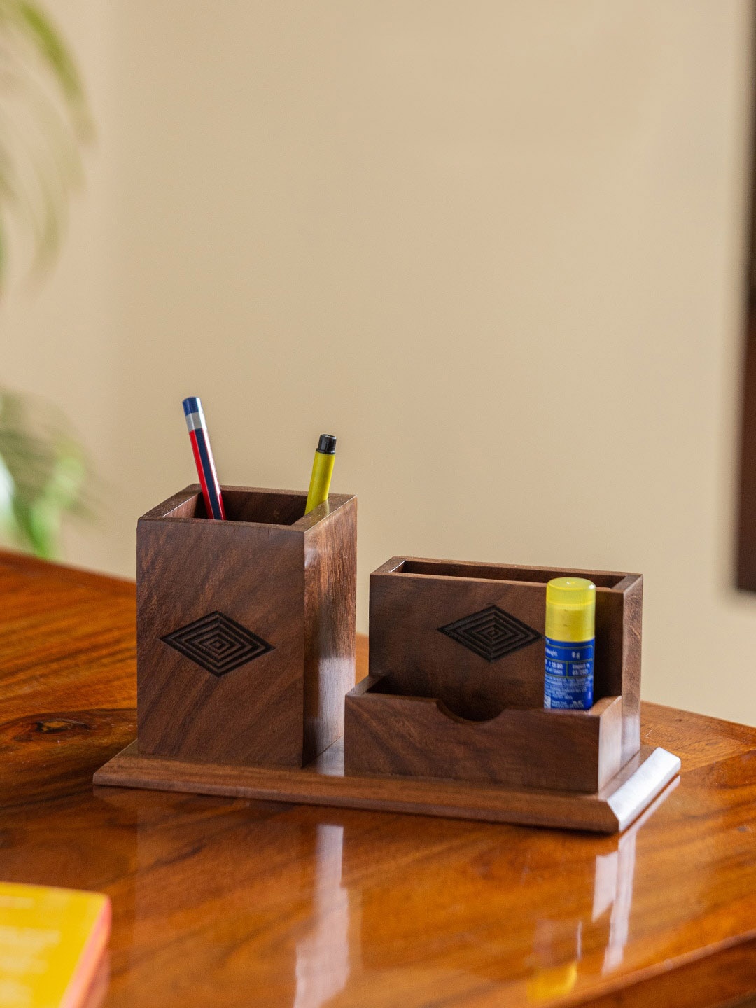 

ExclusiveLane Brown Hand-Carved Wooden Table Stationery Organiser