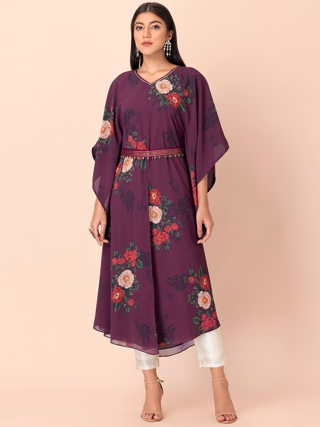 

INDYA Women Purple & Green Floral Printed High Slit Georgette Kaftan Kurta