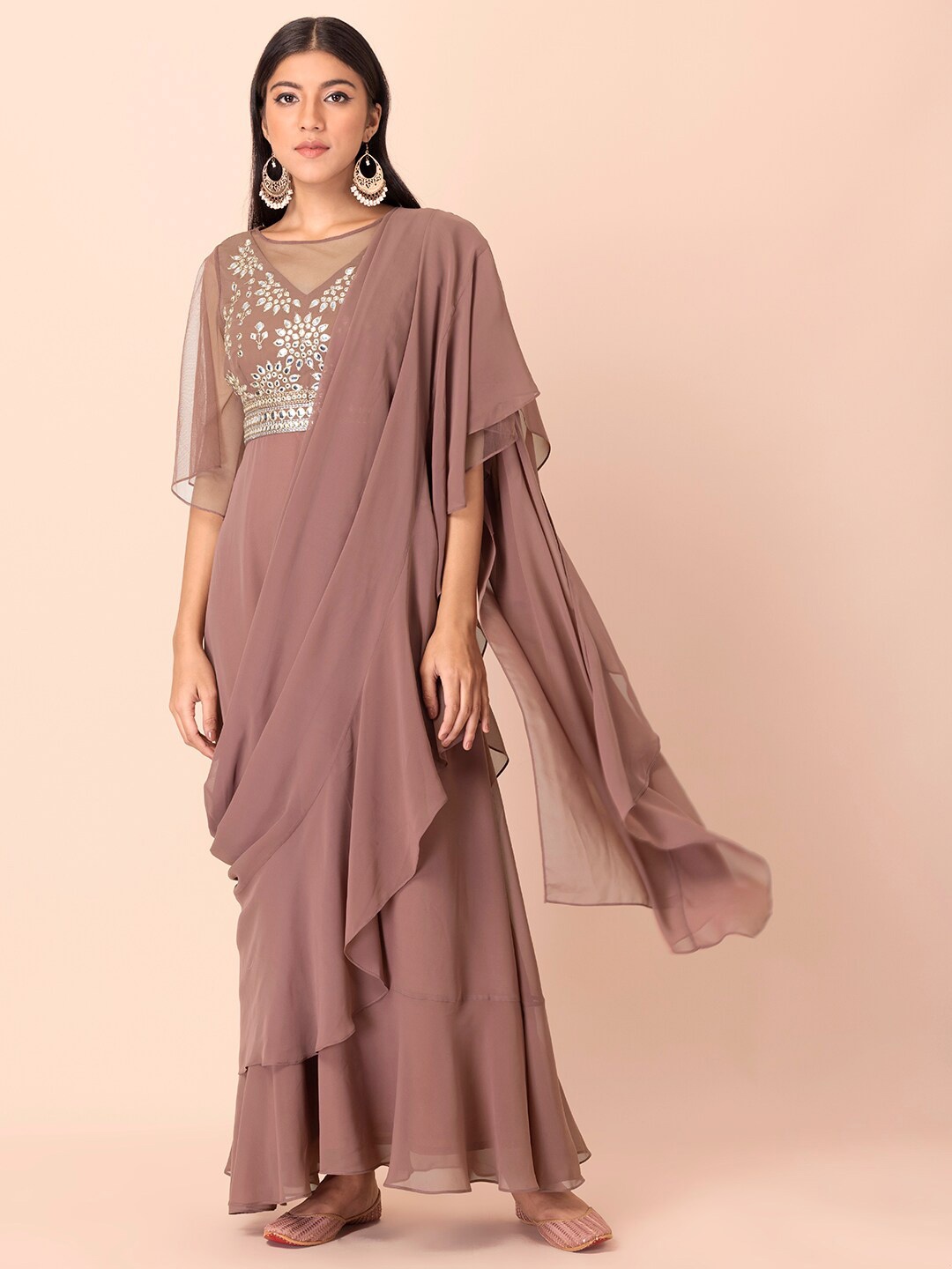 

INDYA Dusty Pink Mirror Work Pre Draped Saree