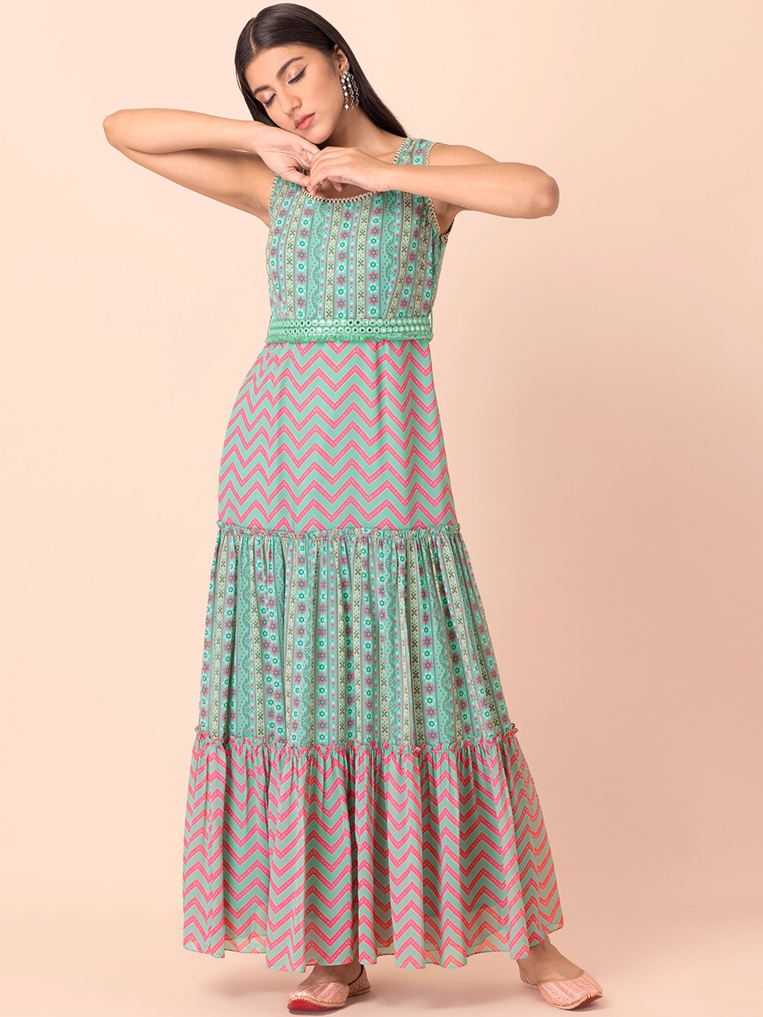 

INDYA Women Green & Pink Chevron Thread Work Tired Anarkali Kurta