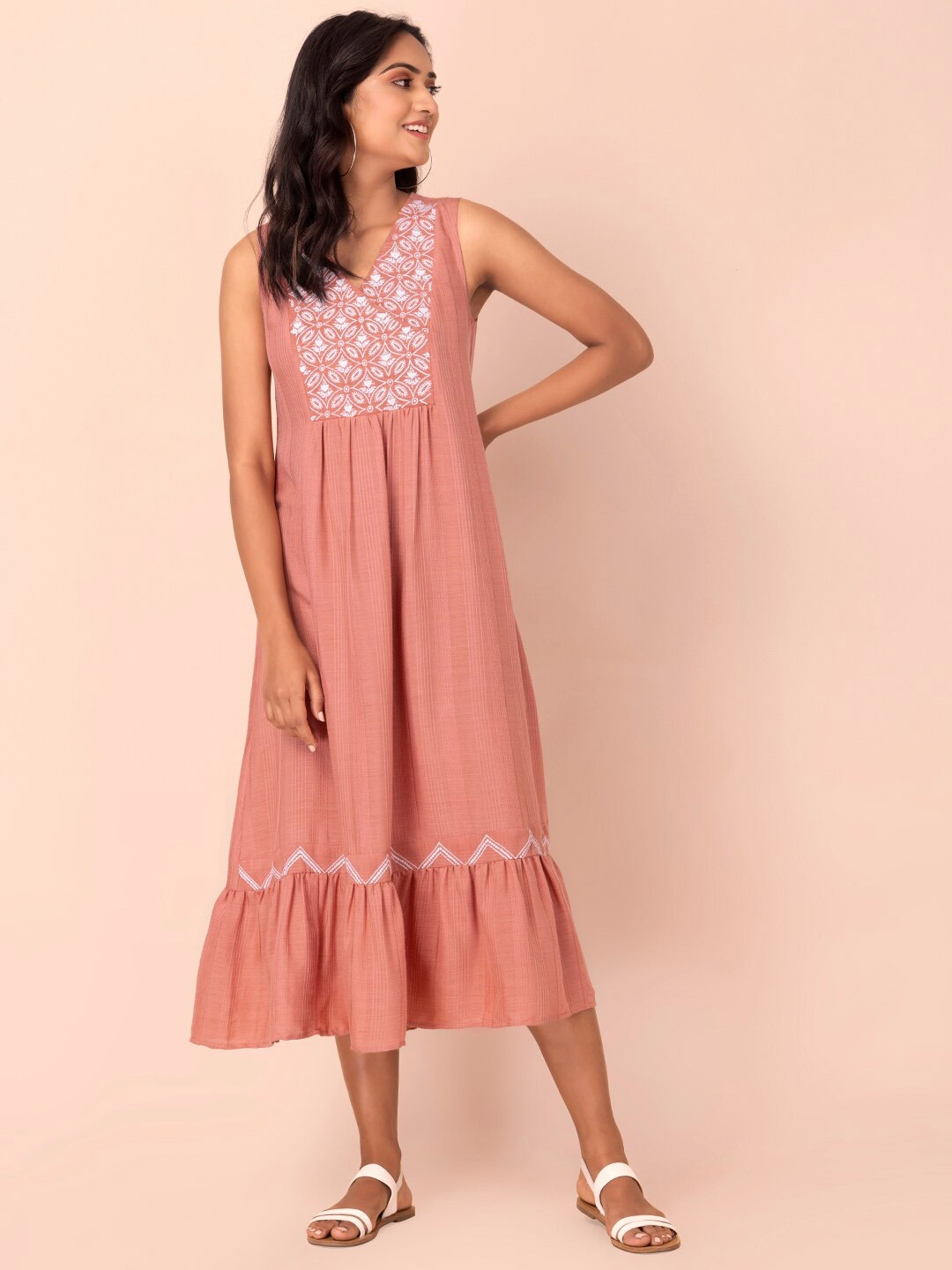 

Rang by Indya Orange Floral Embroidered A-Line Midi Dress