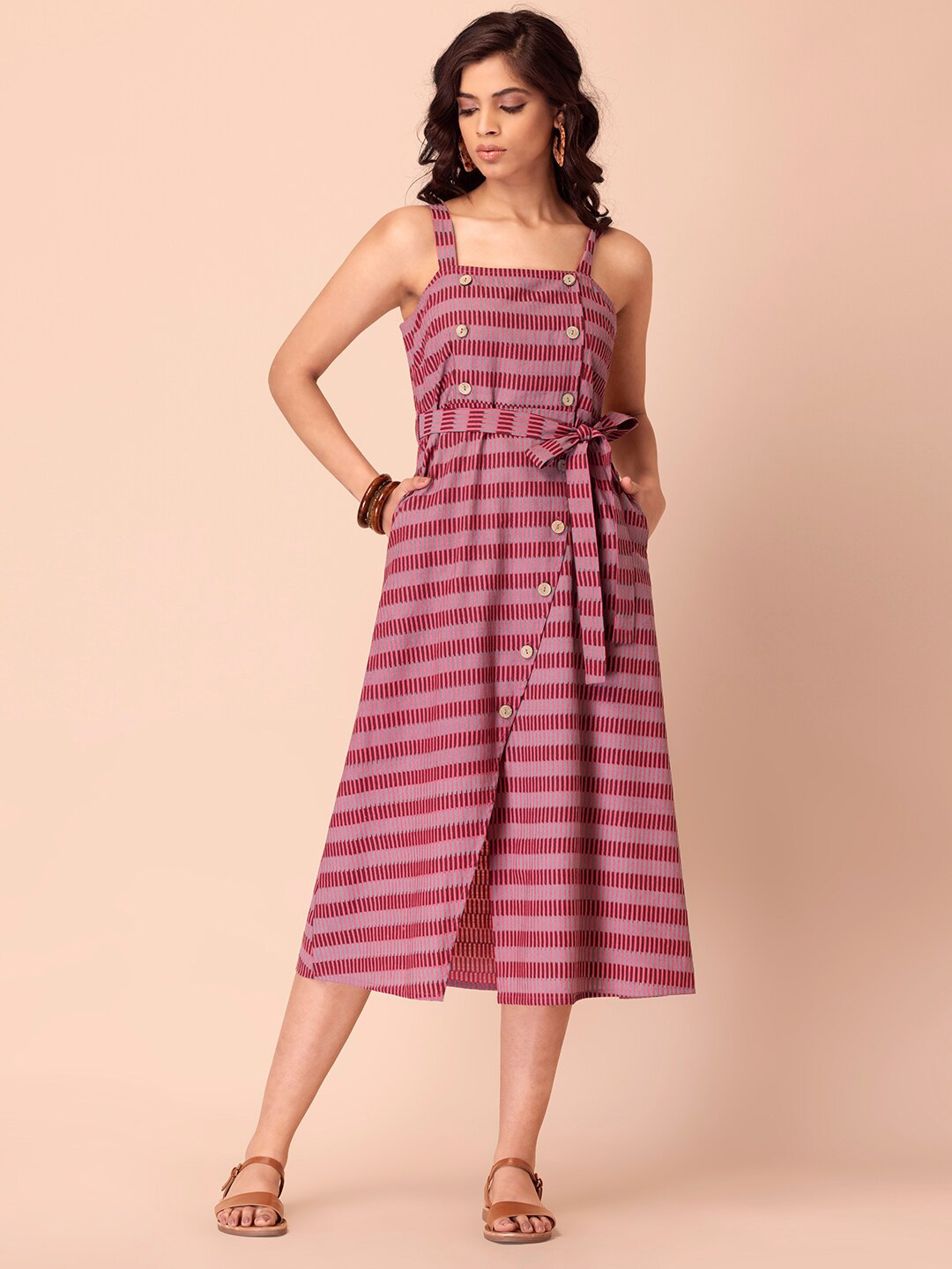 

INDYA Pink Striped Ethnic Midi Dress