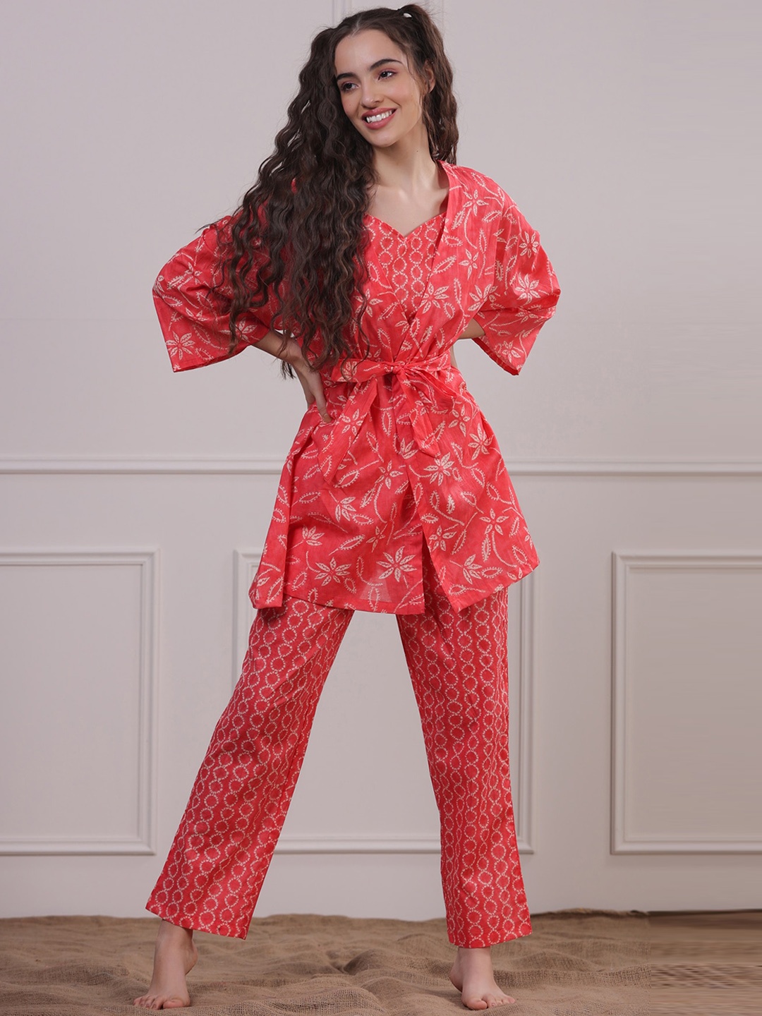 

JISORA Women Pink Printed Night suit with Shrug