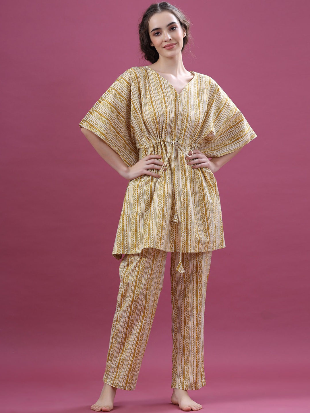 

JISORA Women Mustard Striped Cotton Night Suit