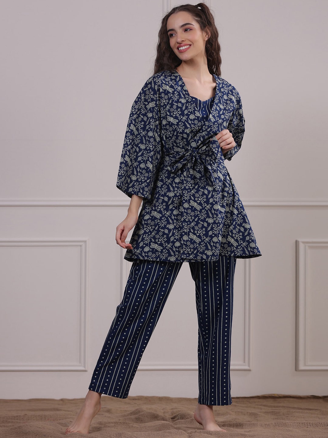 

JISORA Women Blue Printed Cotton Night Suit