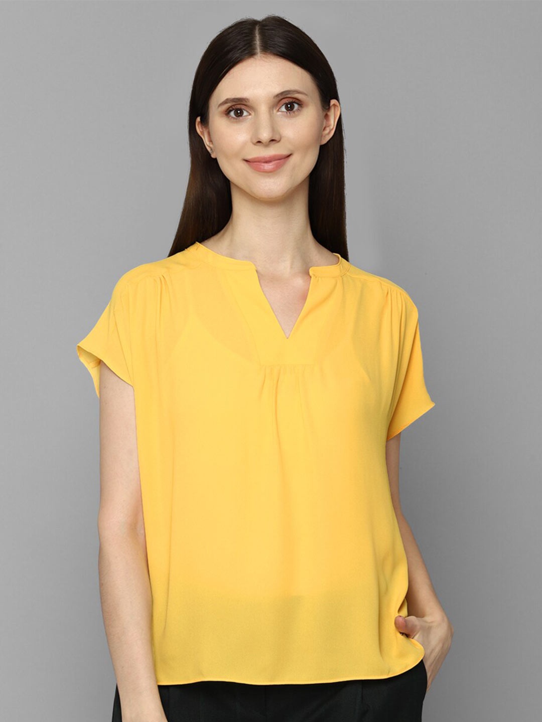 

Allen Solly Woman Yellow Mandarin Collar Top