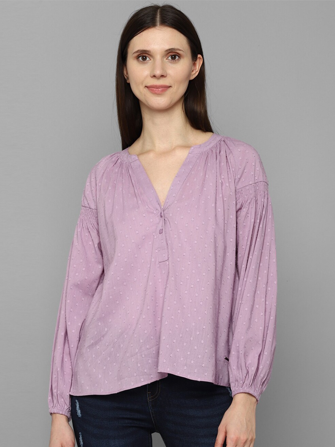 

Allen Solly Woman Purple Self Design Cuffed Sleeves Smocked Top