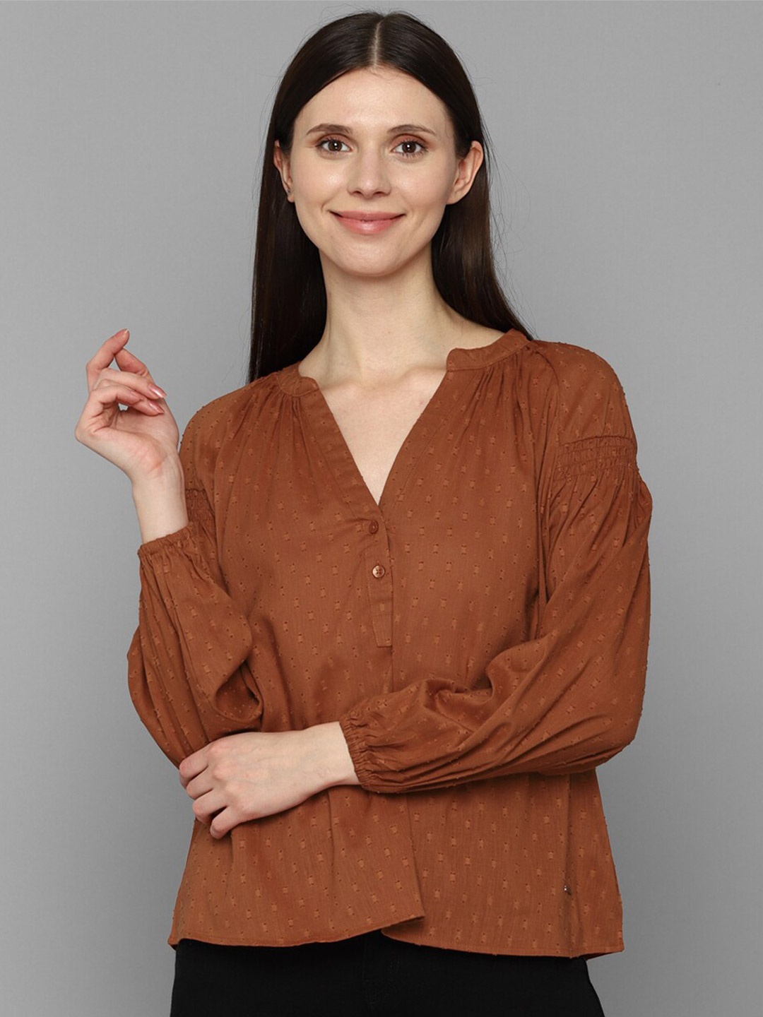 

Allen Solly Woman Brown Self Design Cotton Blend Shirt Style Top