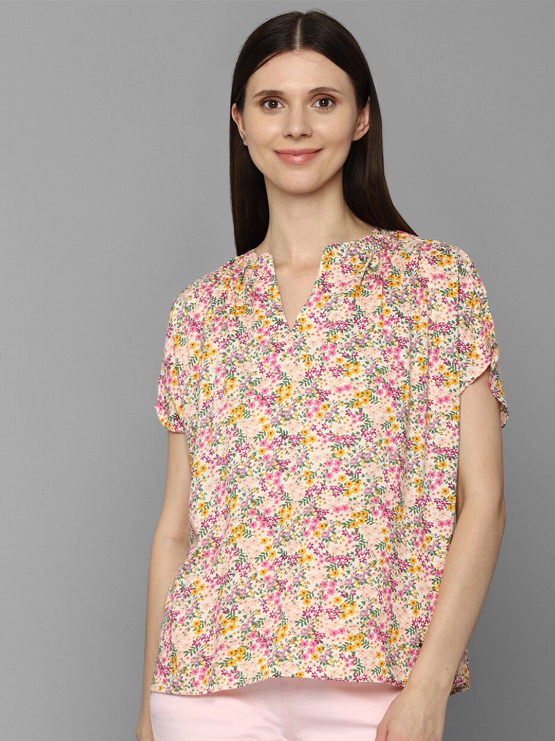 

Allen Solly Woman Cream-Coloured & Pink Floral Printed Top