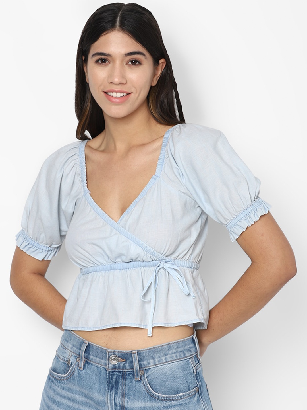 

AMERICAN EAGLE OUTFITTERS Blue Cinched Waist Pure Cotton Crop Top