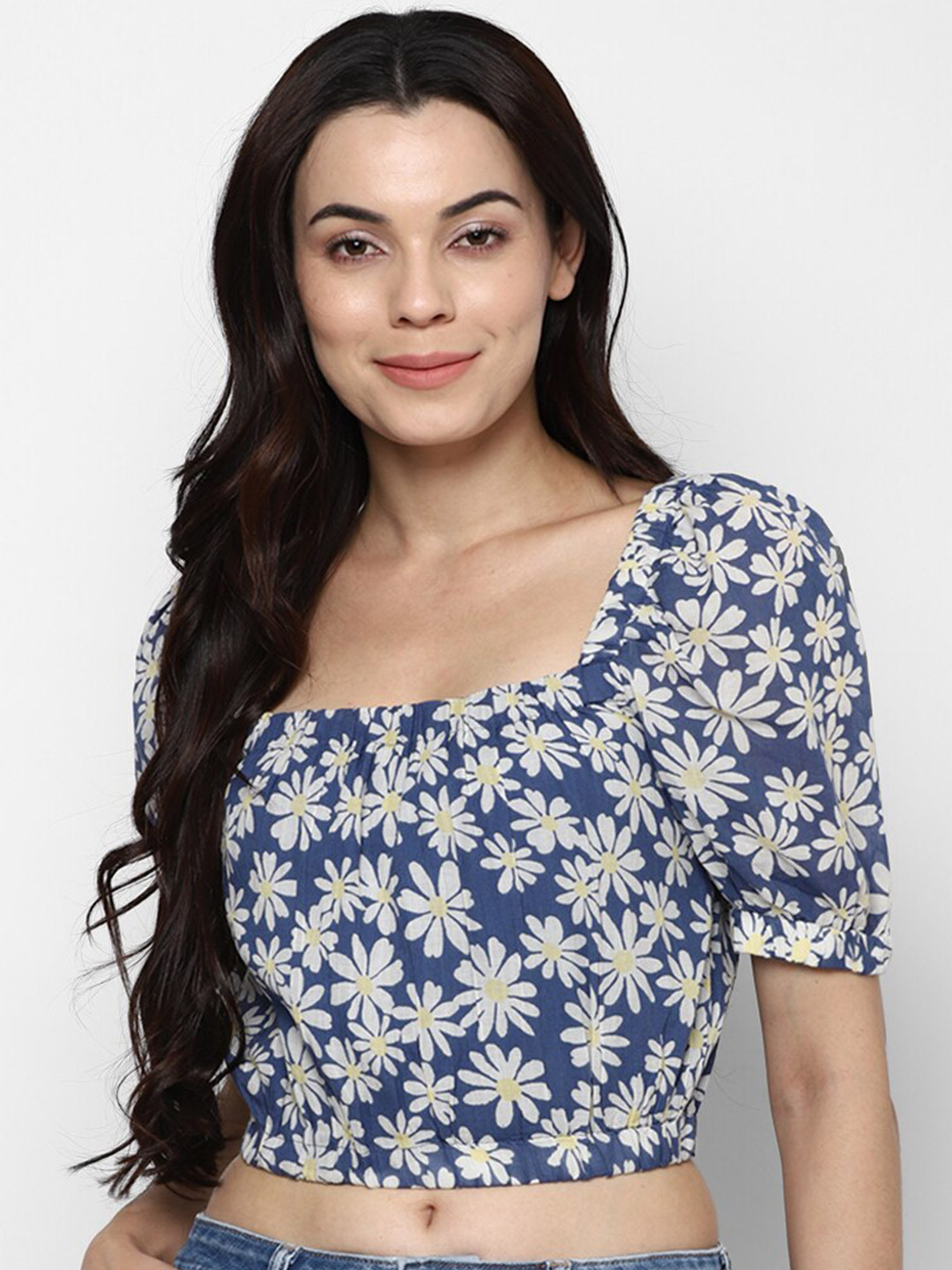 

AMERICAN EAGLE OUTFITTERS Women Blue Floral Printed Fitted Cotton Crop Top