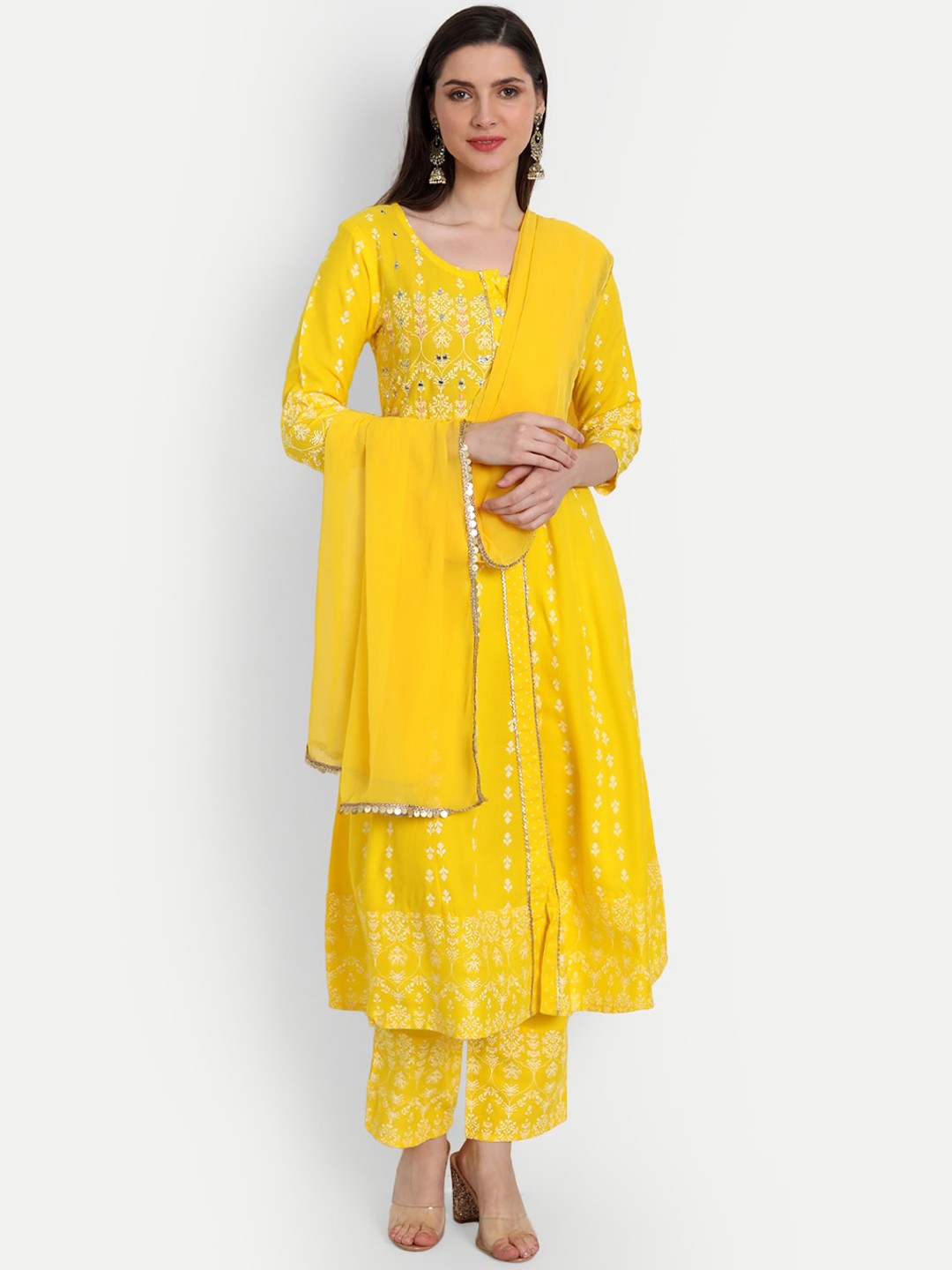 

SINGNI Women Yellow Floral Printed Kurta with Trousers & With Dupatta