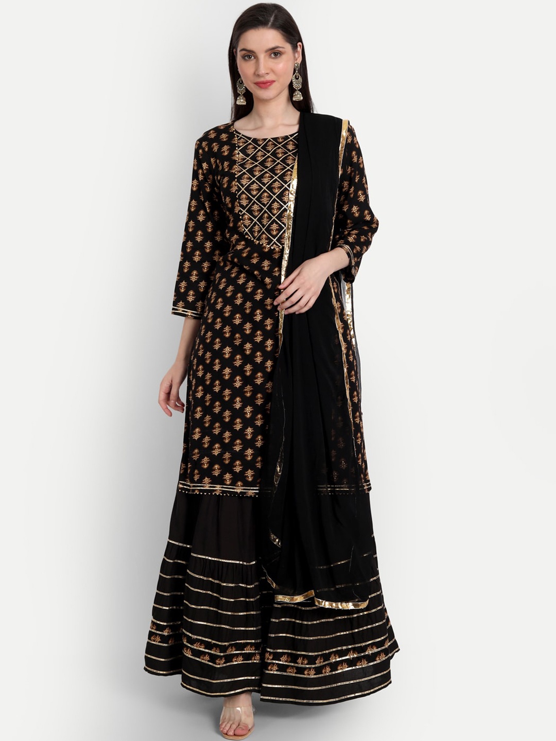 

SINGNI Women Black Ethnic Motifs Printed Gotta Patti Kurta with Skirt & Dupatta