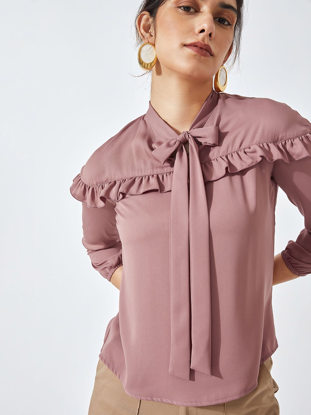 

The Label Life Pink Tie-Up Neck Ruffle Yoke Satin Top