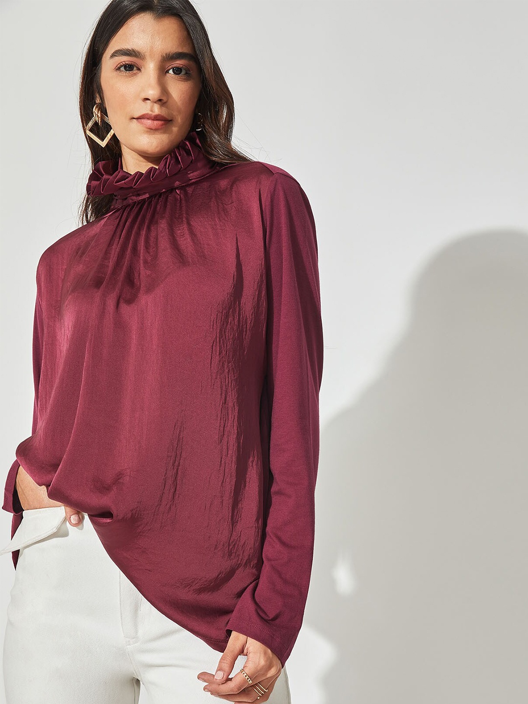 

The Label Life Burgundy High Neck Ruffles Knitted Satin Blouson Top