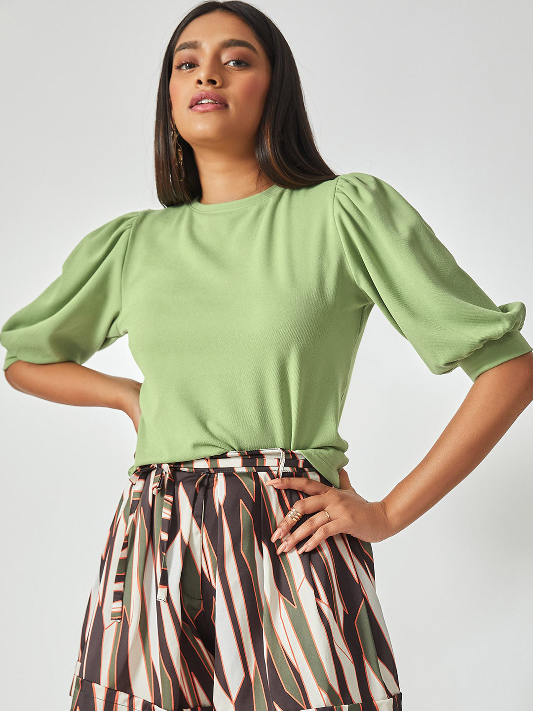 

The Label Life Green Puff Sleeves Knitted Top