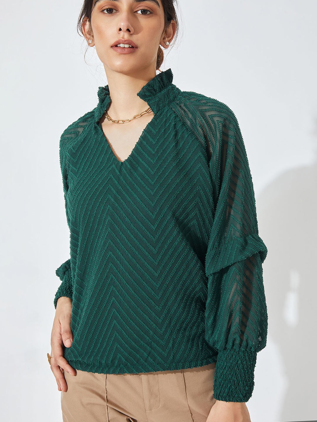 

The Label Life Green Striped Bishop Sleeves Ruffle Collar Knitted Top