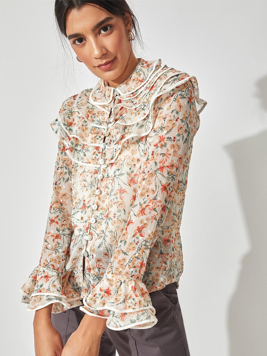 

The Label Life White Floral Printed Ruffle Neck Pure Silk Shirt Style Top